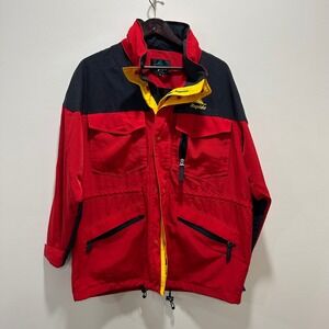 vintage Rapido red and black multi-pocket outdoor windbreaker jacket. Size L